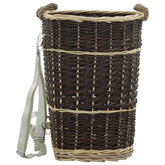 Natural willow firewood backpack with woven brown and beige pattern and adjustable shoulder straps.